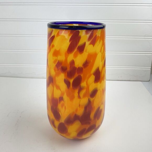 Damon MacNaught Blown Modern Art Glass Cylinder Vase Yellow Red Confetti Signed - Picture 3 of 9